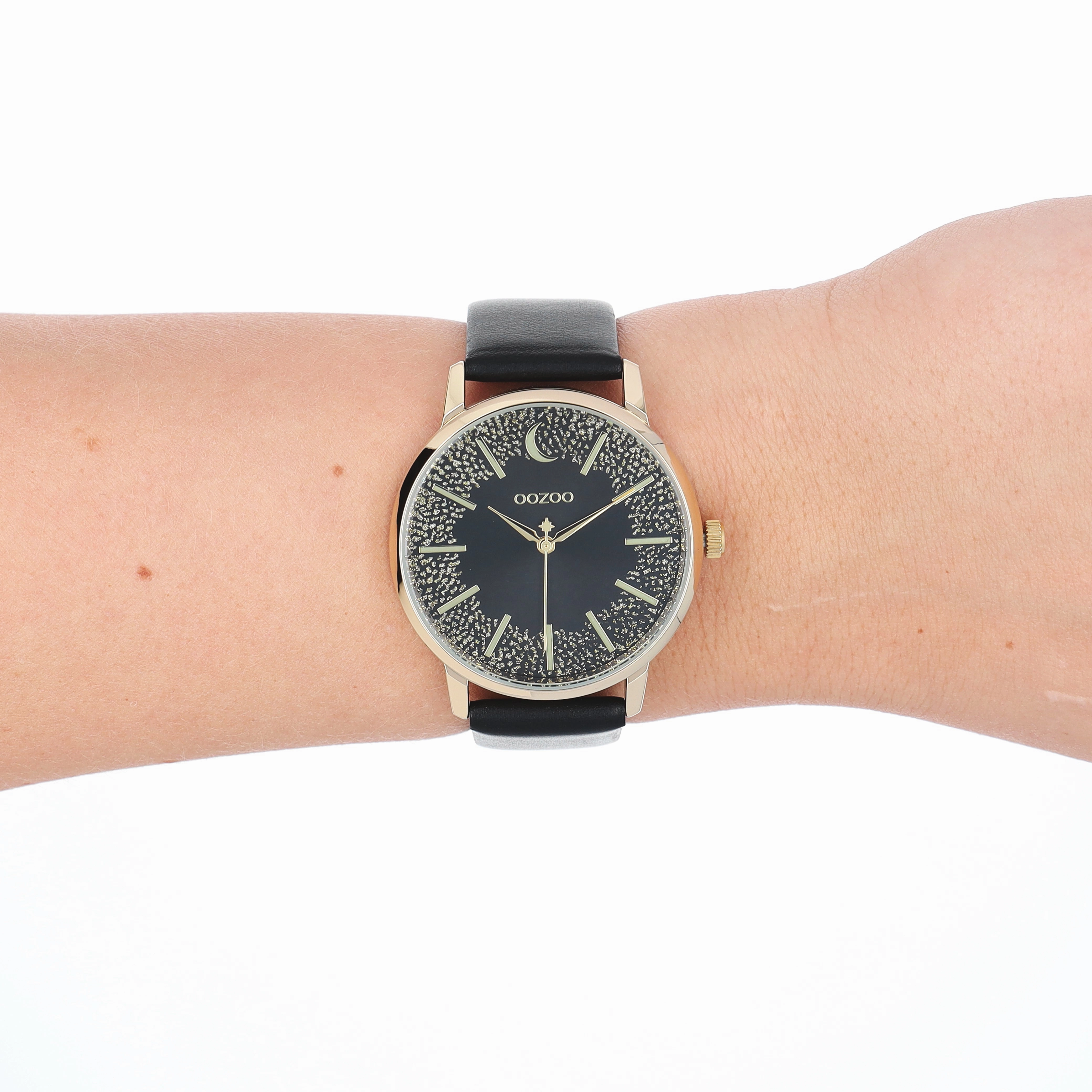 Gold coloured OOZOO watch with black leather strap - C11044