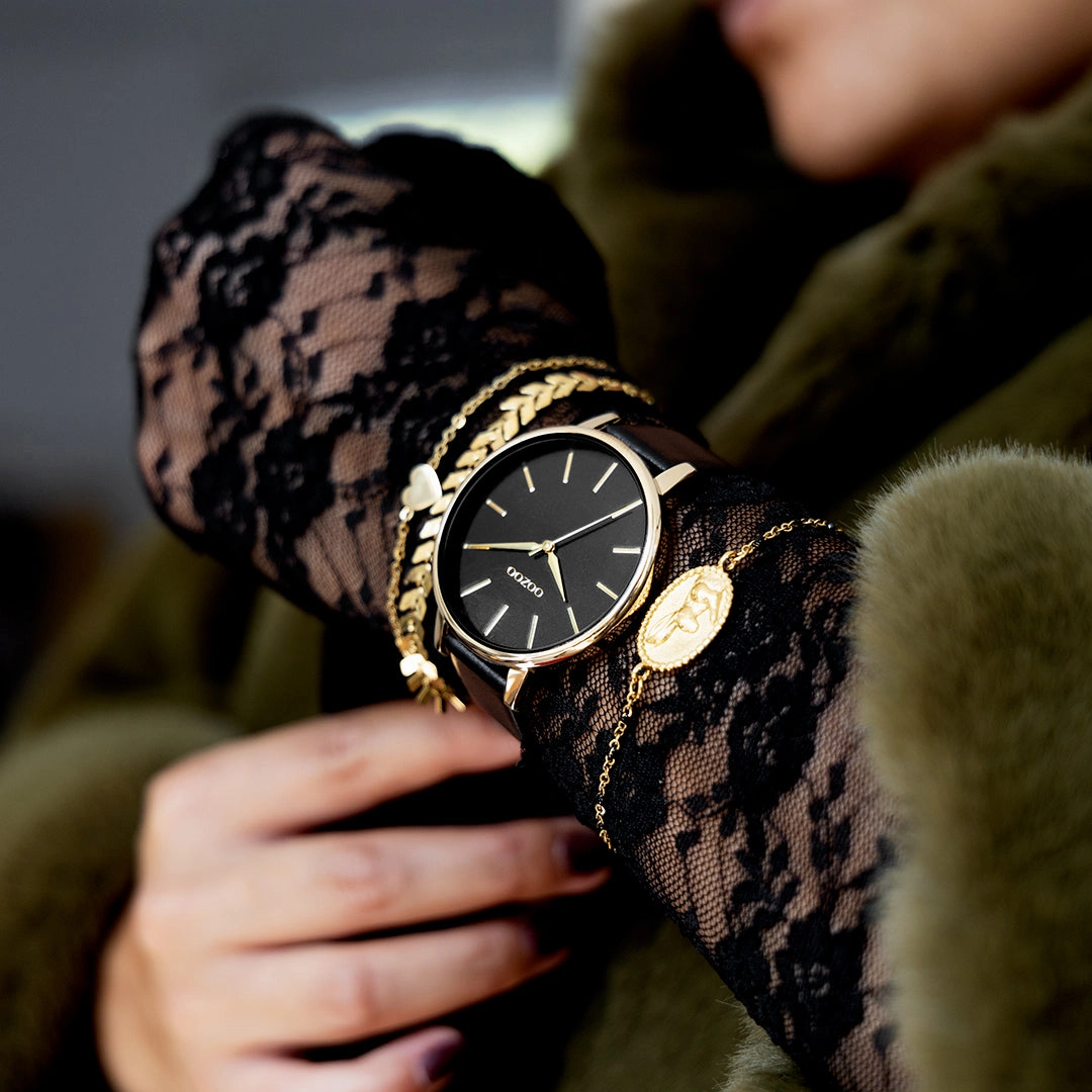 Gold coloured OOZOO watch with black leather strap - C11259