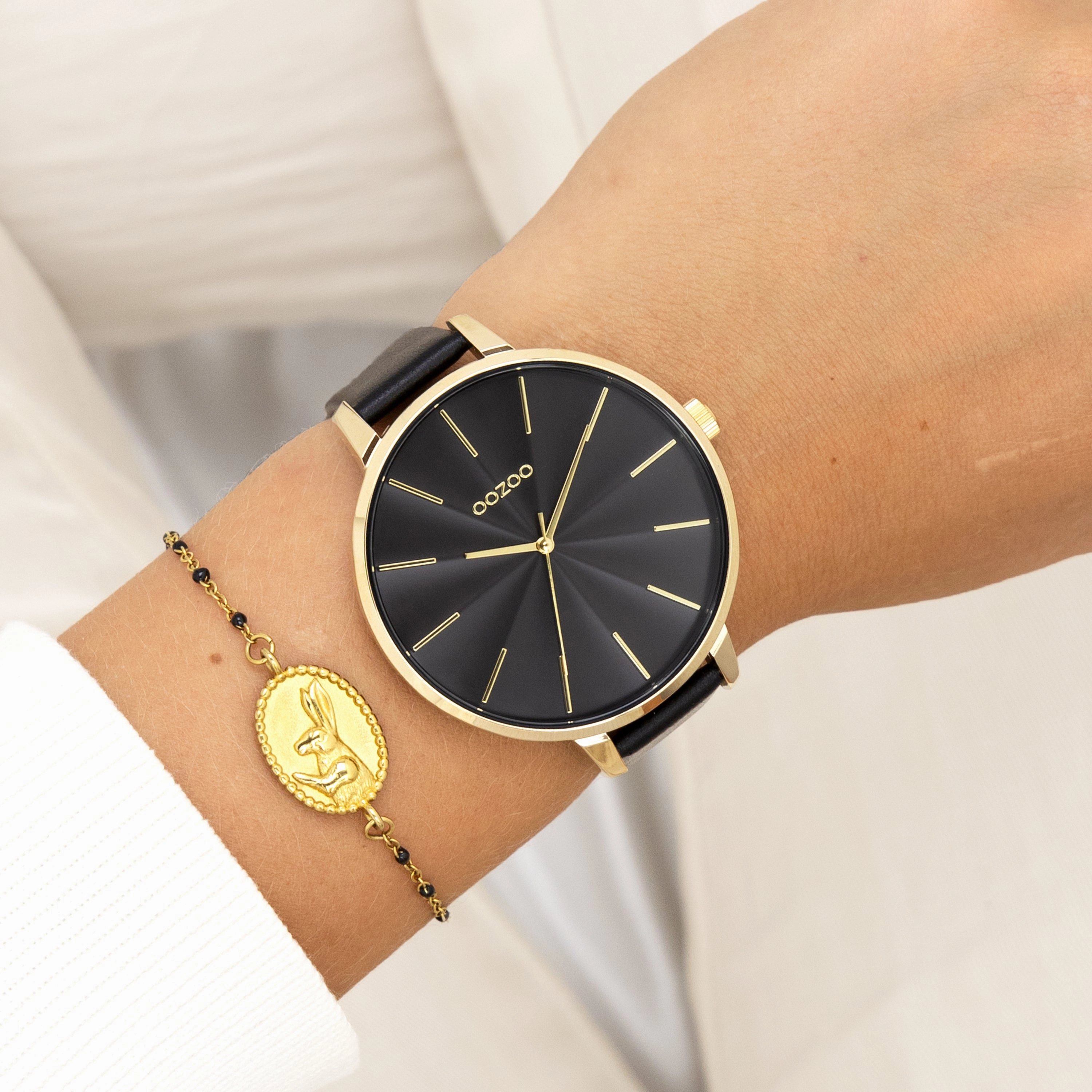 Gold coloured OOZOO watch with black leather strap - C11259