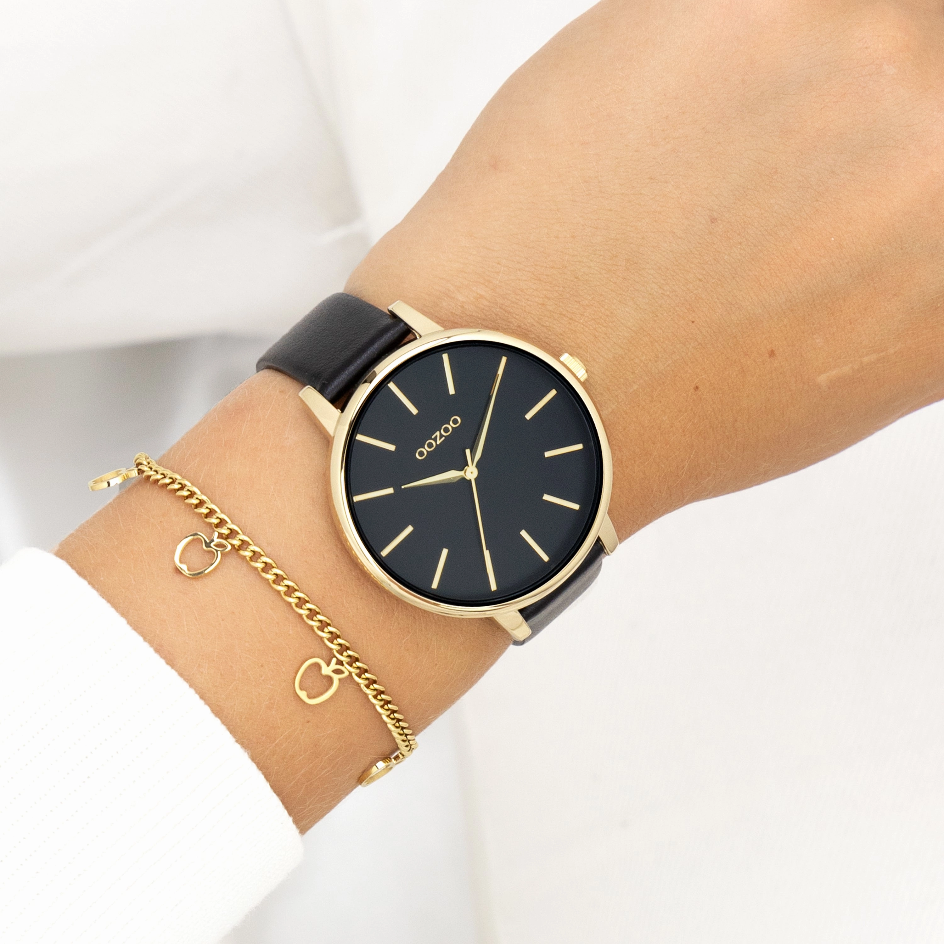 Gold coloured OOZOO watch with black leather strap - C11294