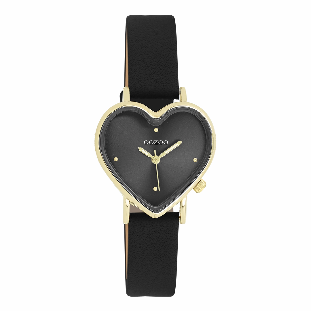 Gold coloured OOZOO watch with black leather strap - C11452