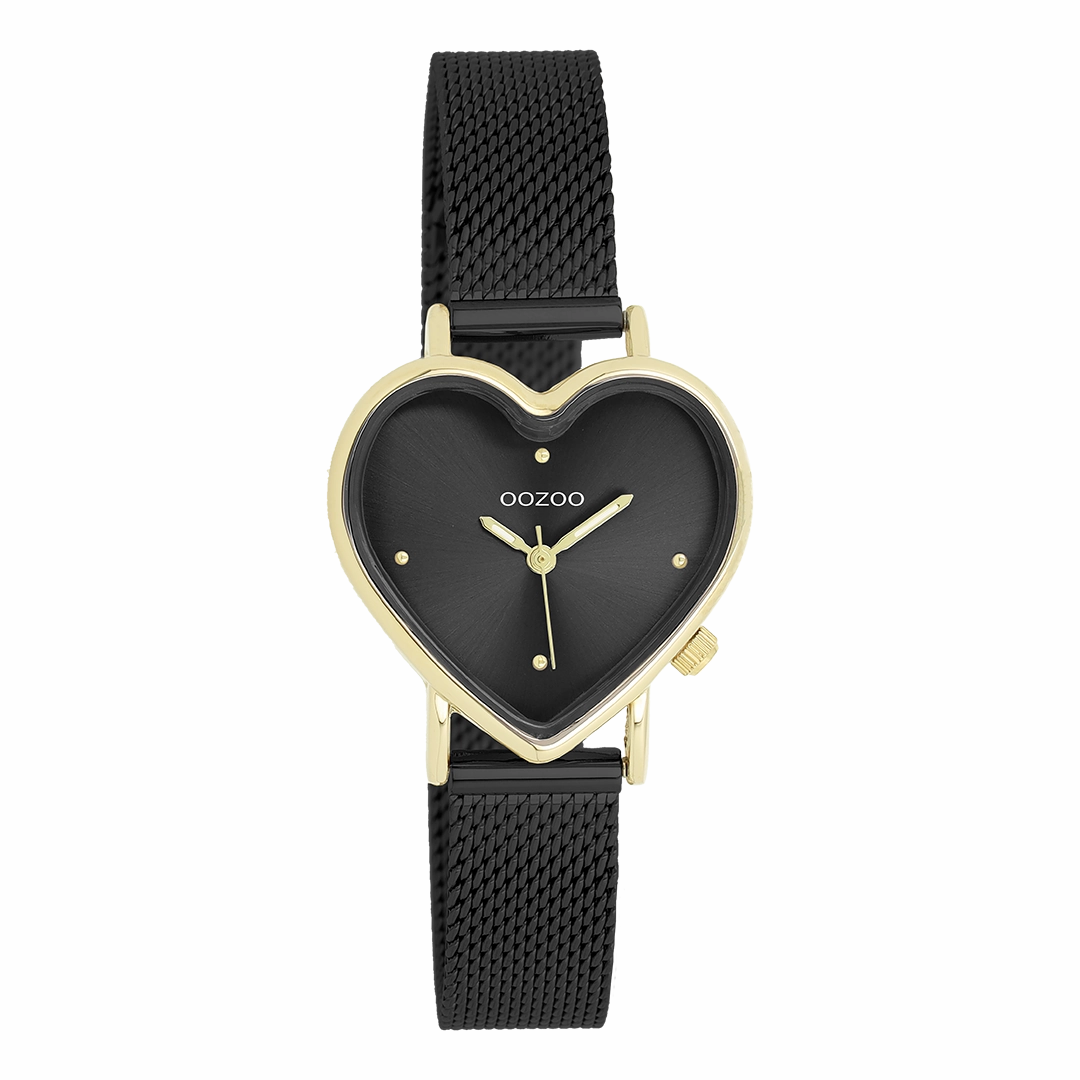 Gold coloured OOZOO watch with black metal mesh bracelet - C11447