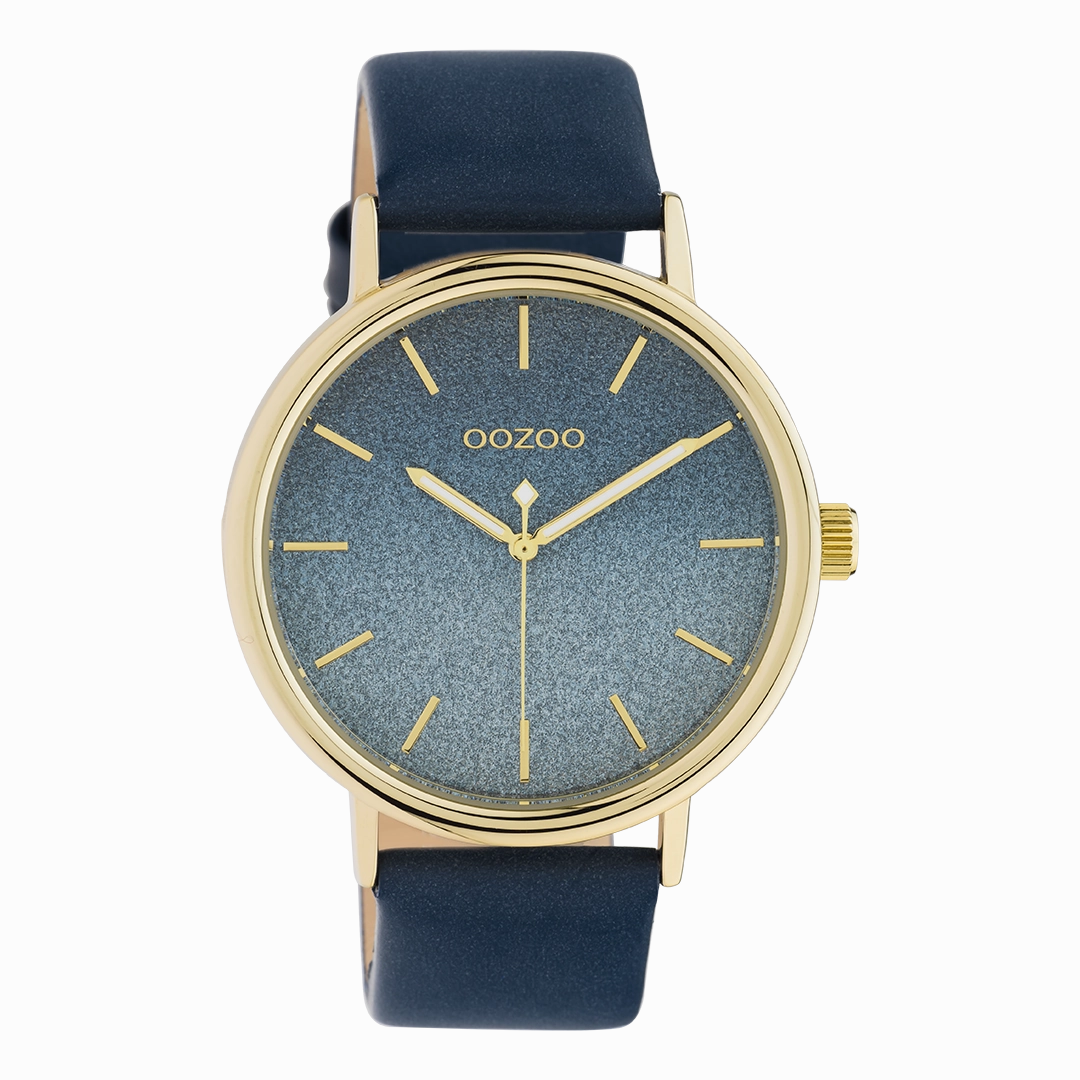 Gold coloured OOZOO watch with blue leather strap - C10938