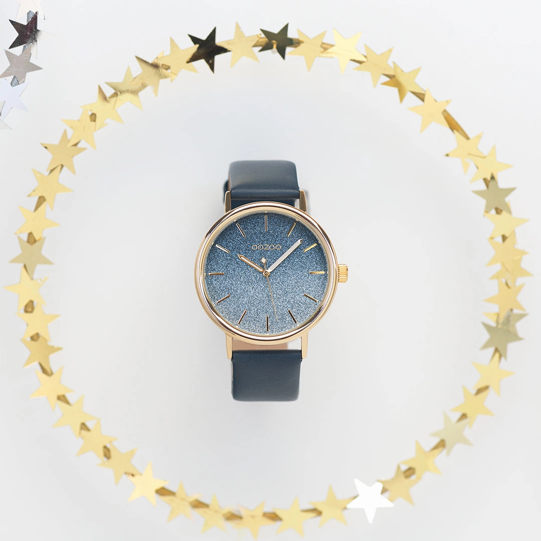 Gold coloured OOZOO watch with blue leather strap - C10938