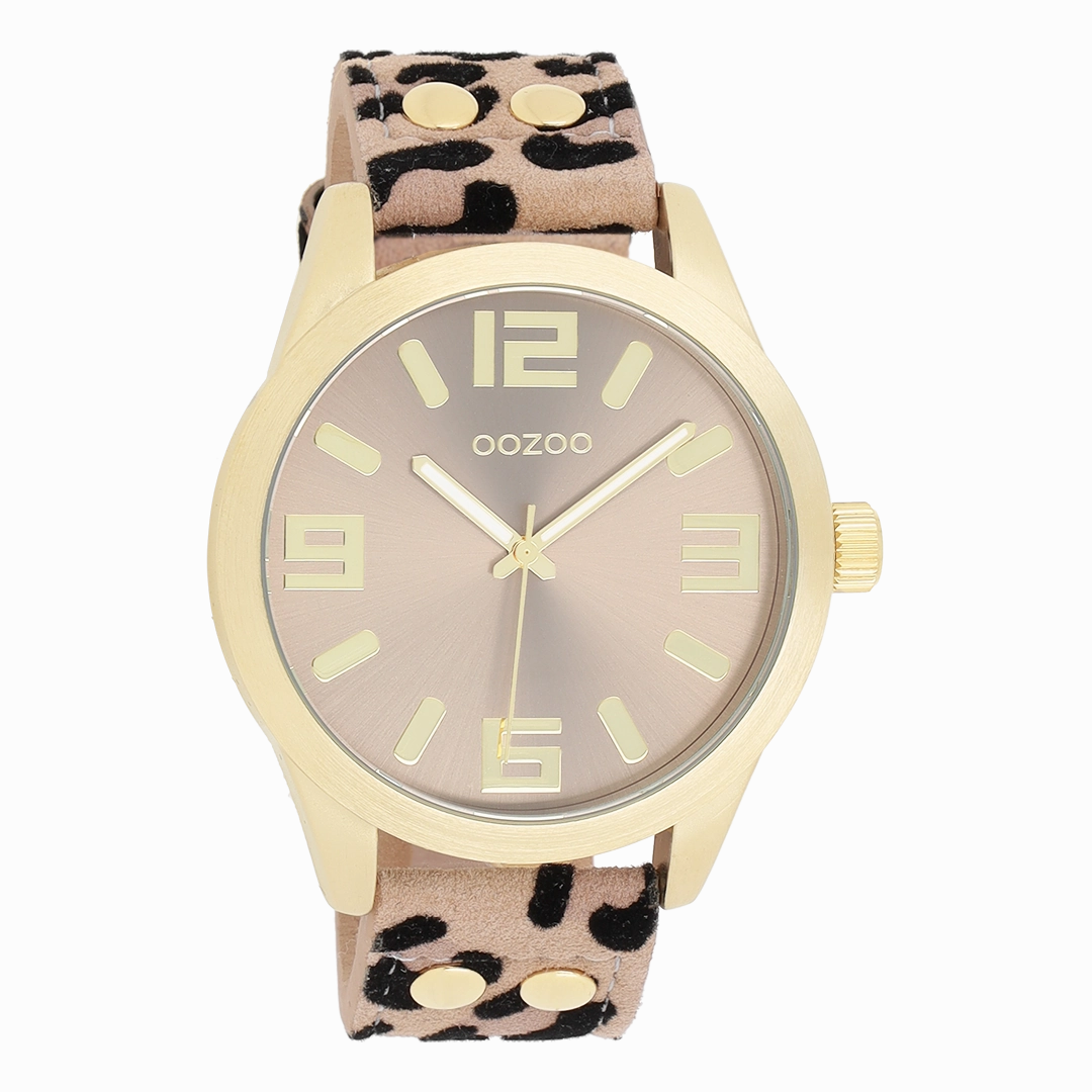 Gold coloured OOZOO watch with brown leather strap - C1097