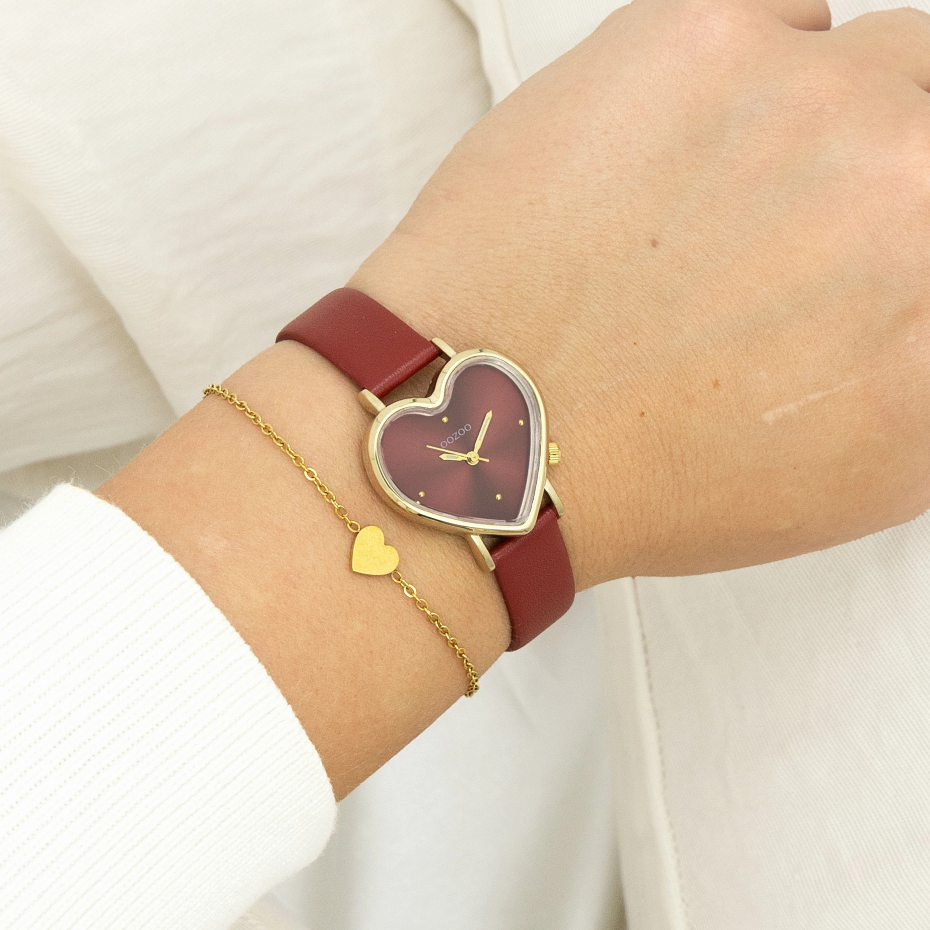 Gold coloured OOZOO watch with burgundy leather strap - C11454