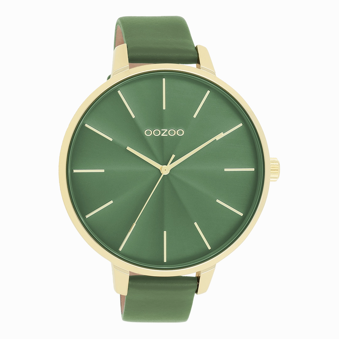 Gold coloured OOZOO watch with green leather strap - C11349