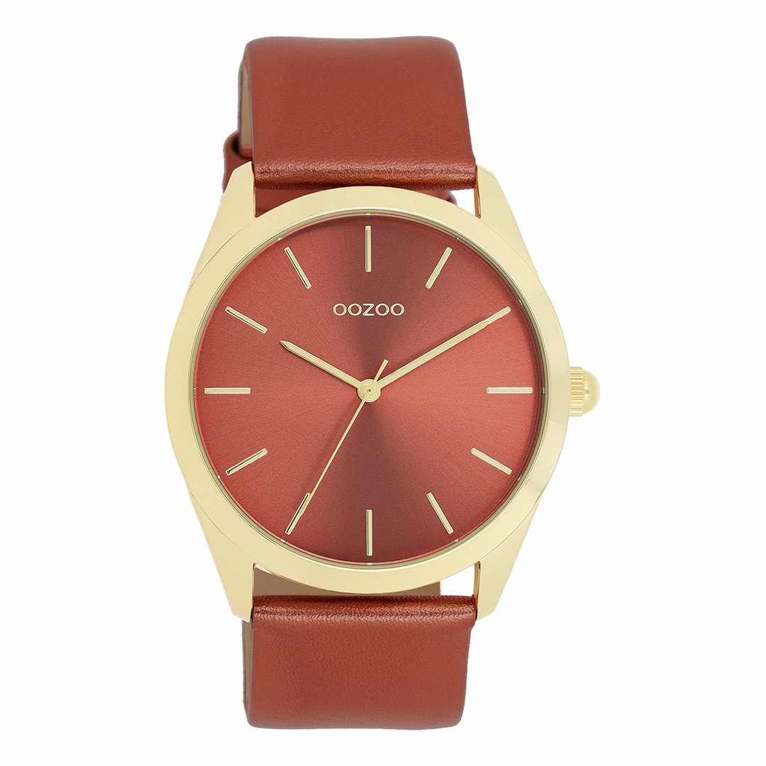 Gold coloured OOZOO watch with red leather strap - C11335