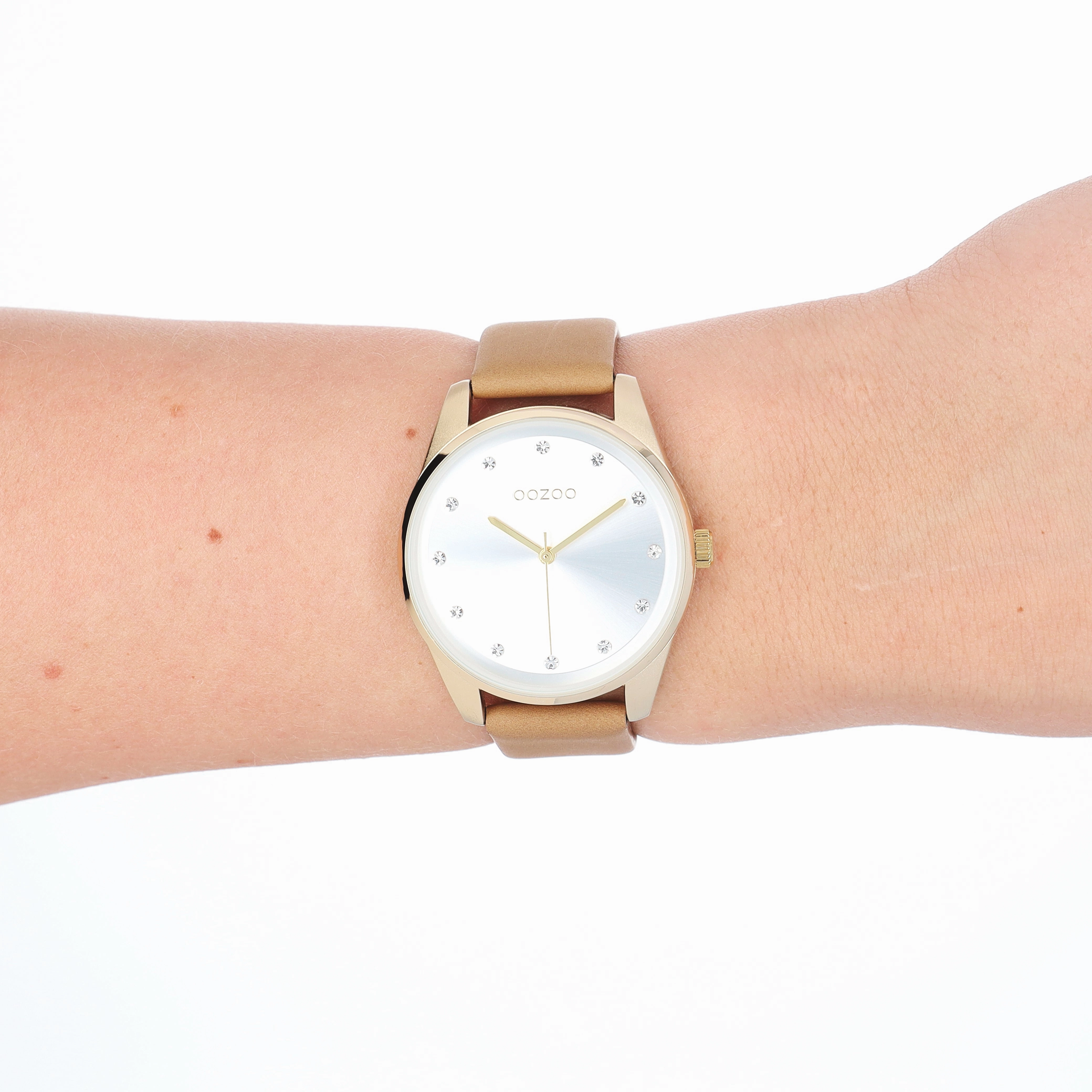 Gold coloured OOZOO watch with sand leather strap - C11046