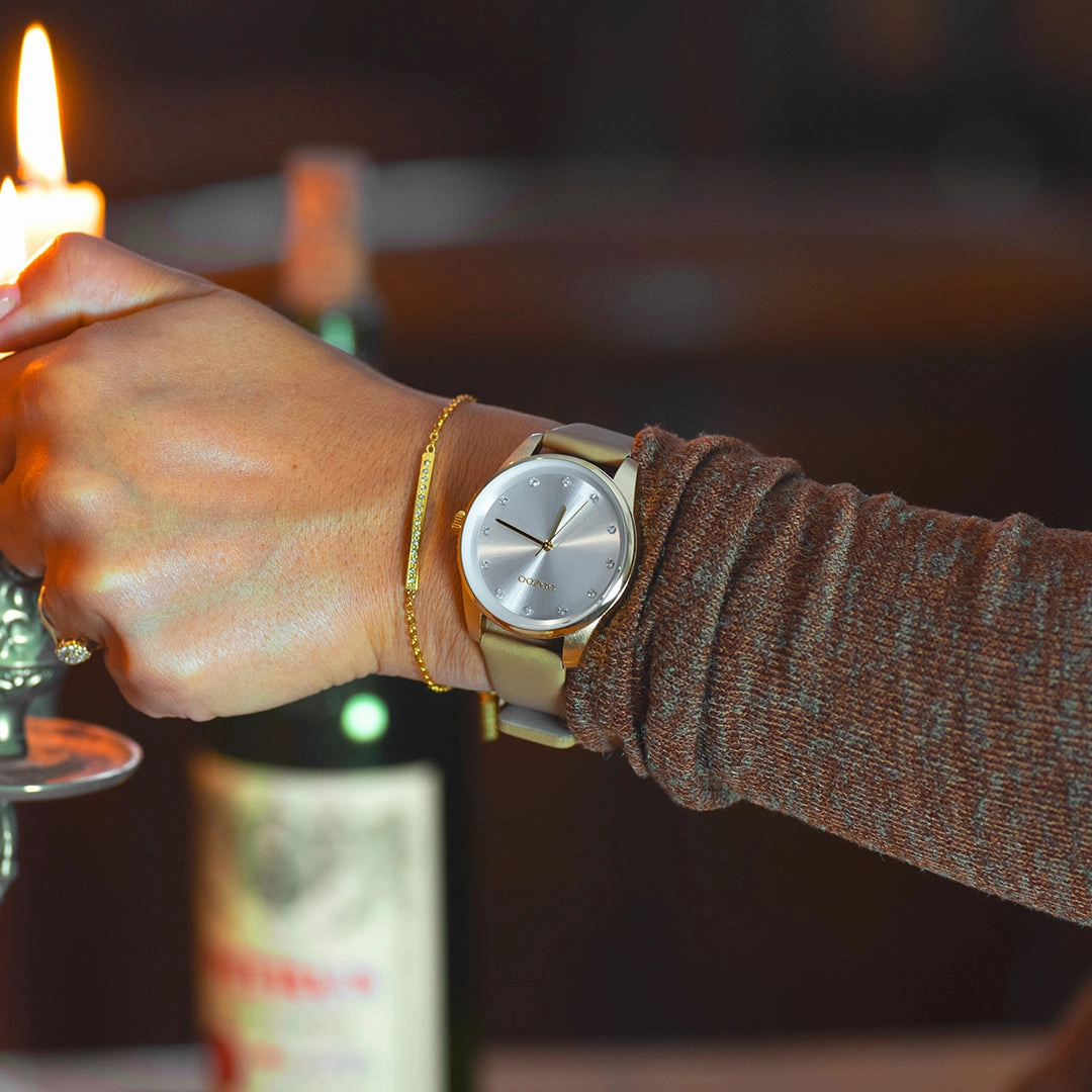Gold coloured OOZOO watch with sand leather strap - C11046