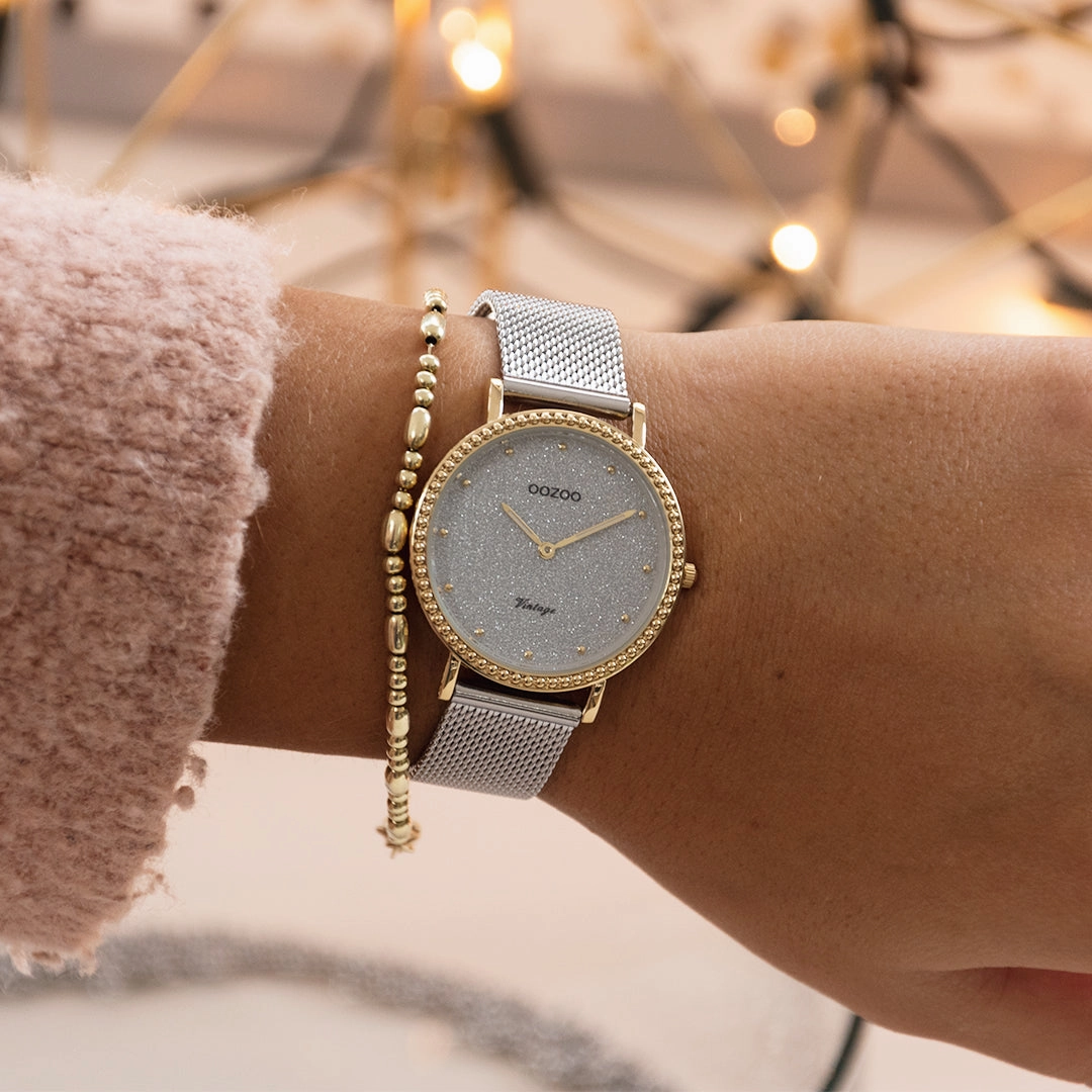 Gold coloured OOZOO watch with silver coloured metal mesh bracelet - C20053