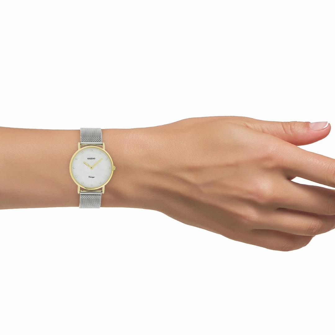 Gold coloured OOZOO watch with silver coloured metal mesh bracelet - C20120