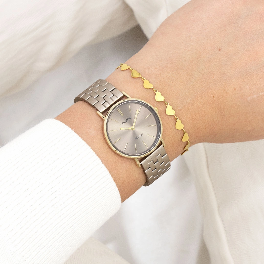 Gold coloured OOZOO watch with taupe stainless steel bracelet - C20409