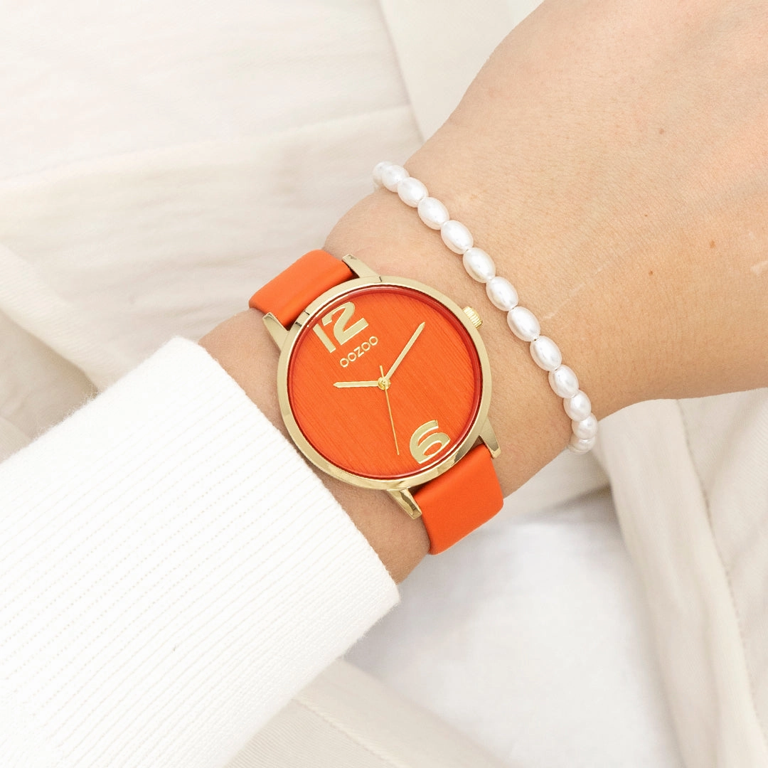 Gold coloured OOZOO watch with warm orange leather strap - C11341