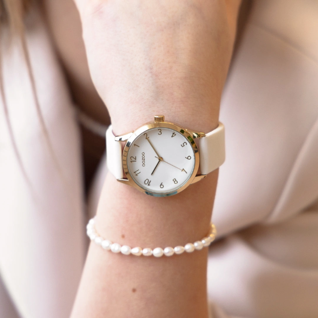 Gold coloured OOZOO watch with white leather strap - C11325