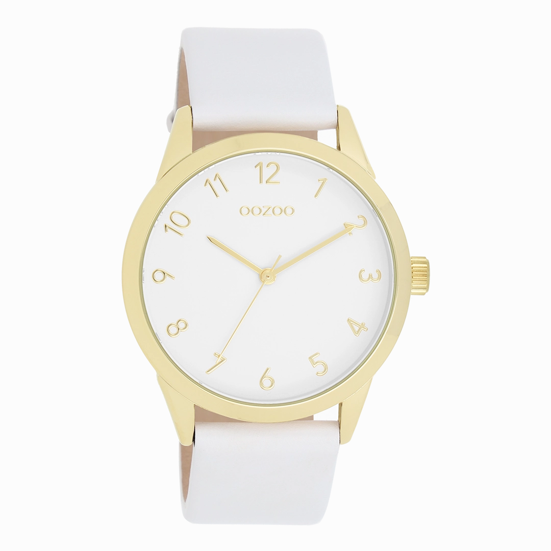 Gold coloured OOZOO watch with white leather strap - C11325