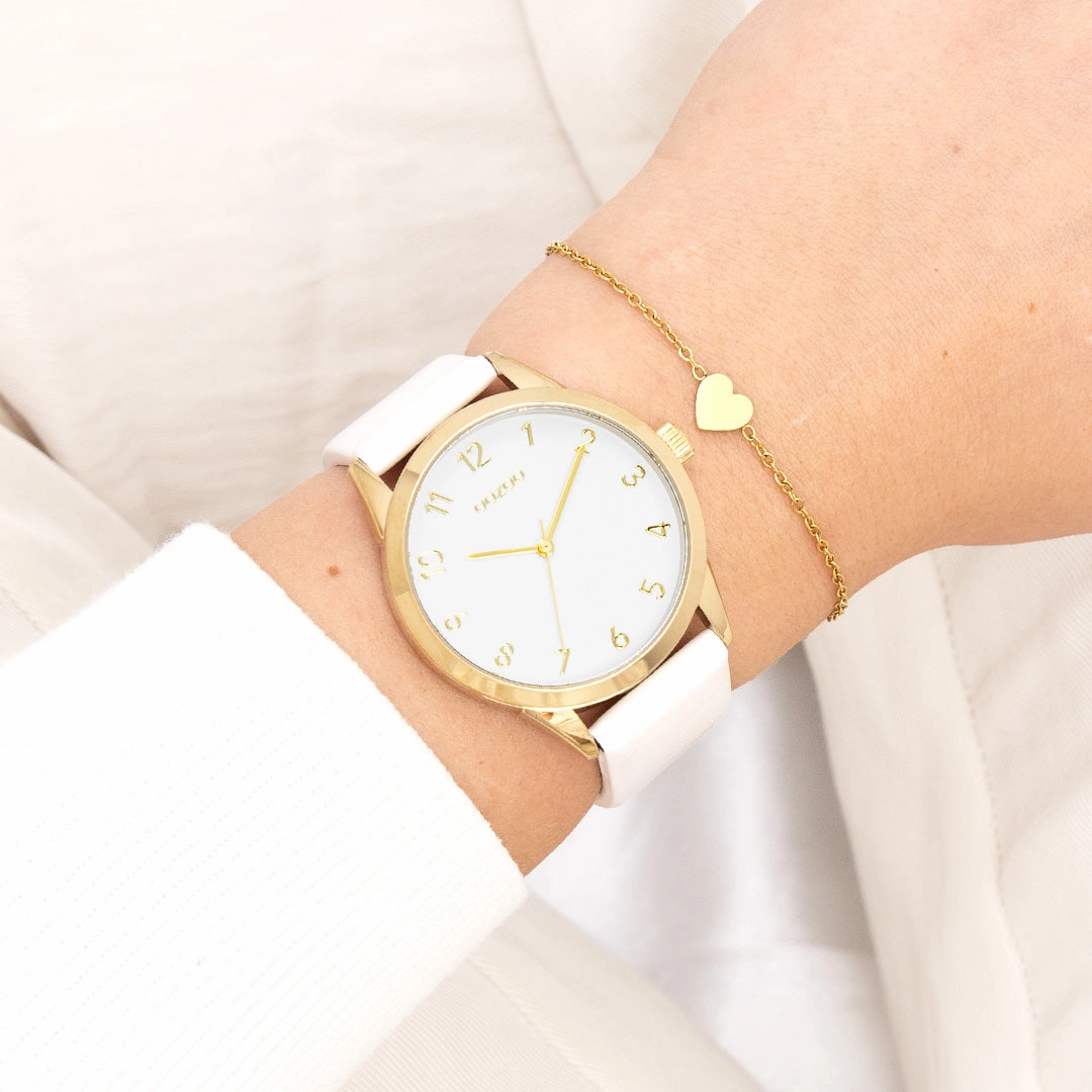 Gold coloured OOZOO watch with white leather strap - C11325