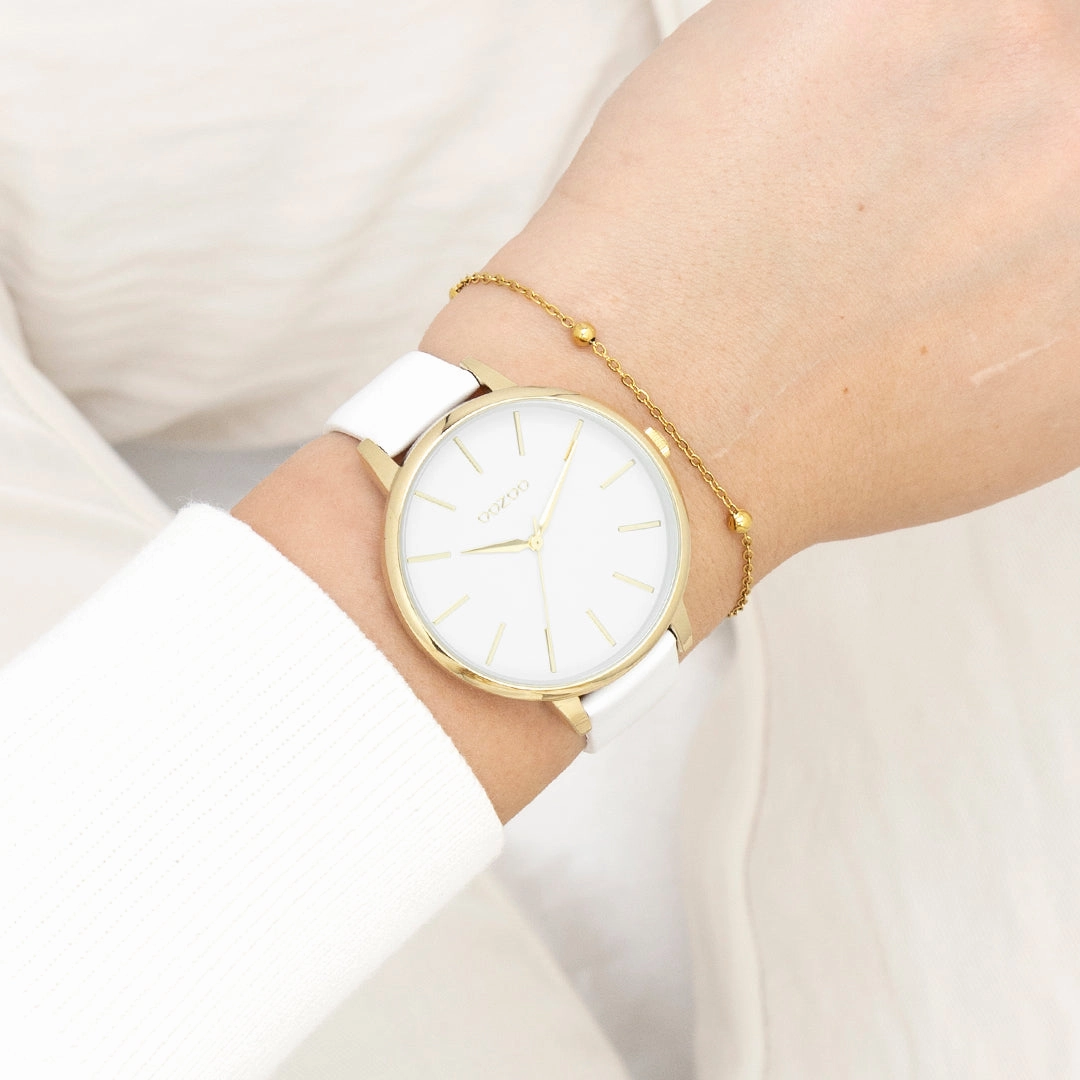 Gold coloured OOZOO watch with white leather strap - C11359