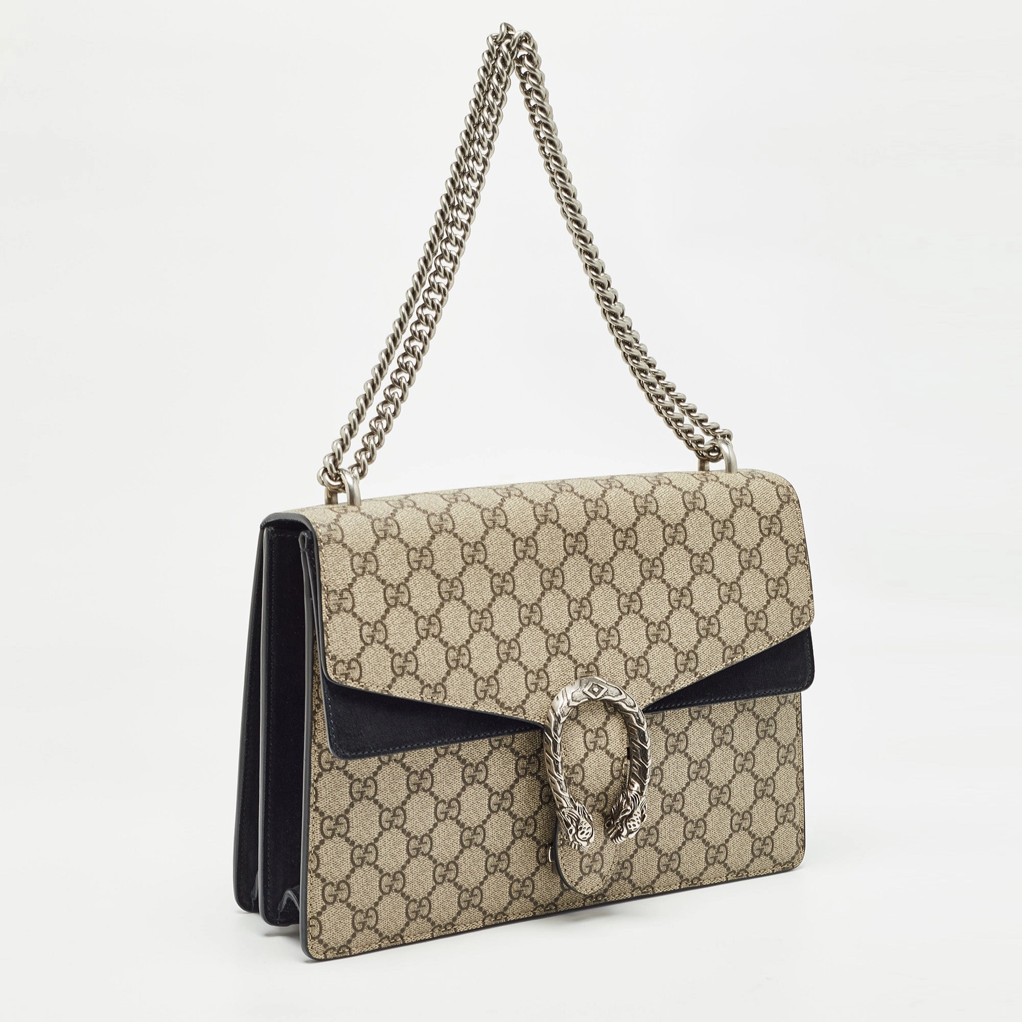 Gucci Black/beige Gg Supreme Canvas And Suede Medium Dionysus Shoulder Bag
