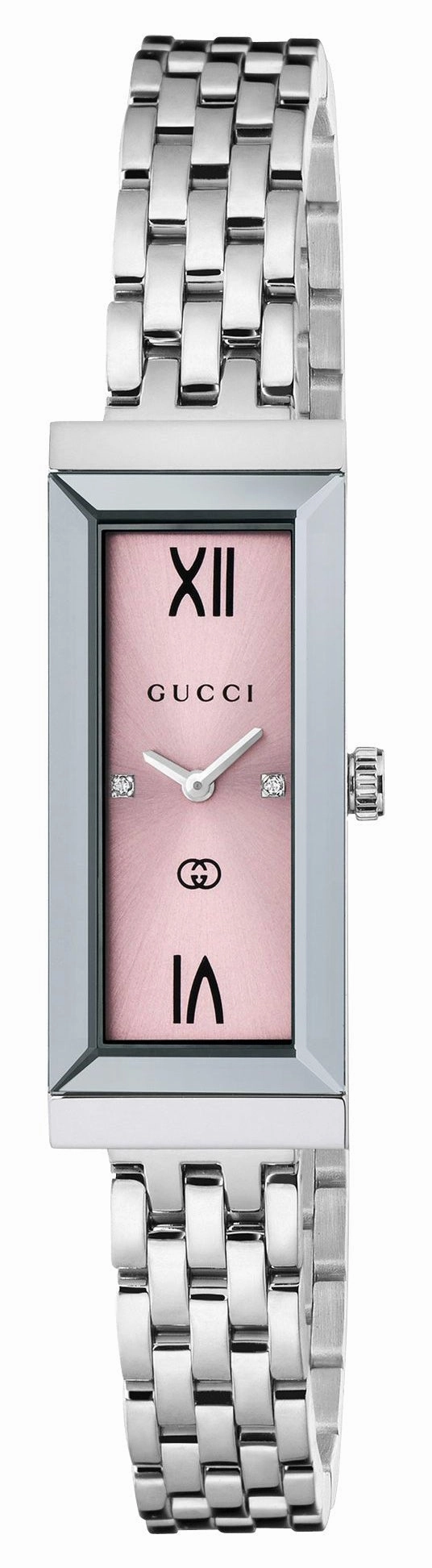 Gucci G-Frame Stainless Steel Pink Dial Diamonds Rectangle Quartz Womens Watch YA127516