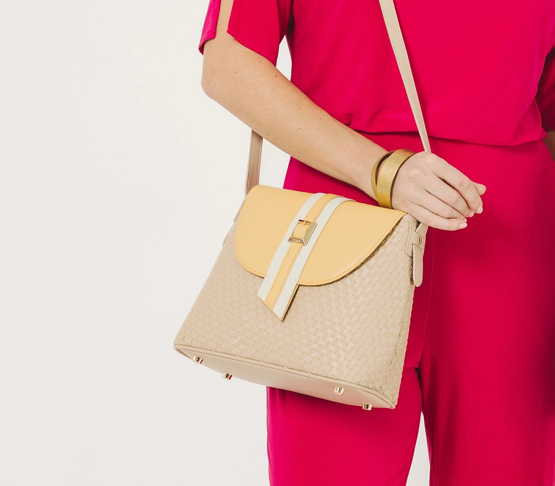 Gunas New York Kate Nude Vegan Basket Weave Crossbody Shoulder Bag