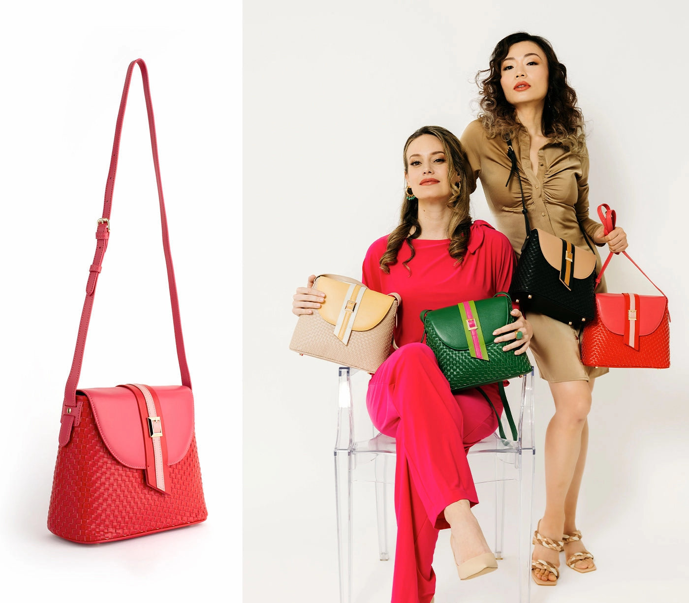 Gunas New York Kate Red Vegan Basket Weave Crossbody Shoulder Bag