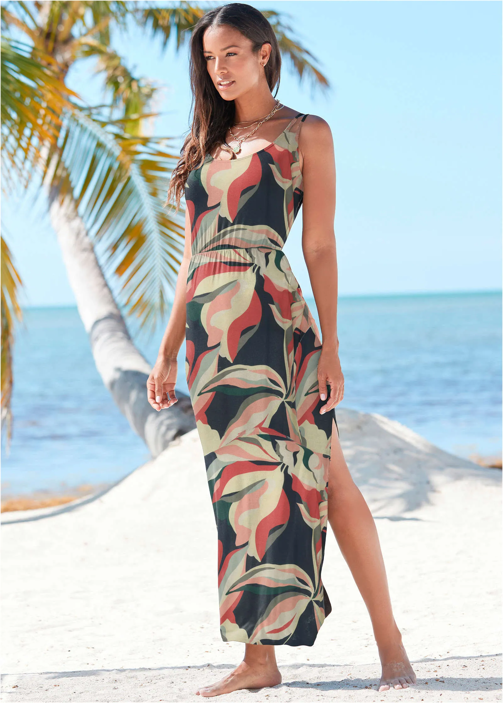 High Slit Maxi Dress - Navy Multi