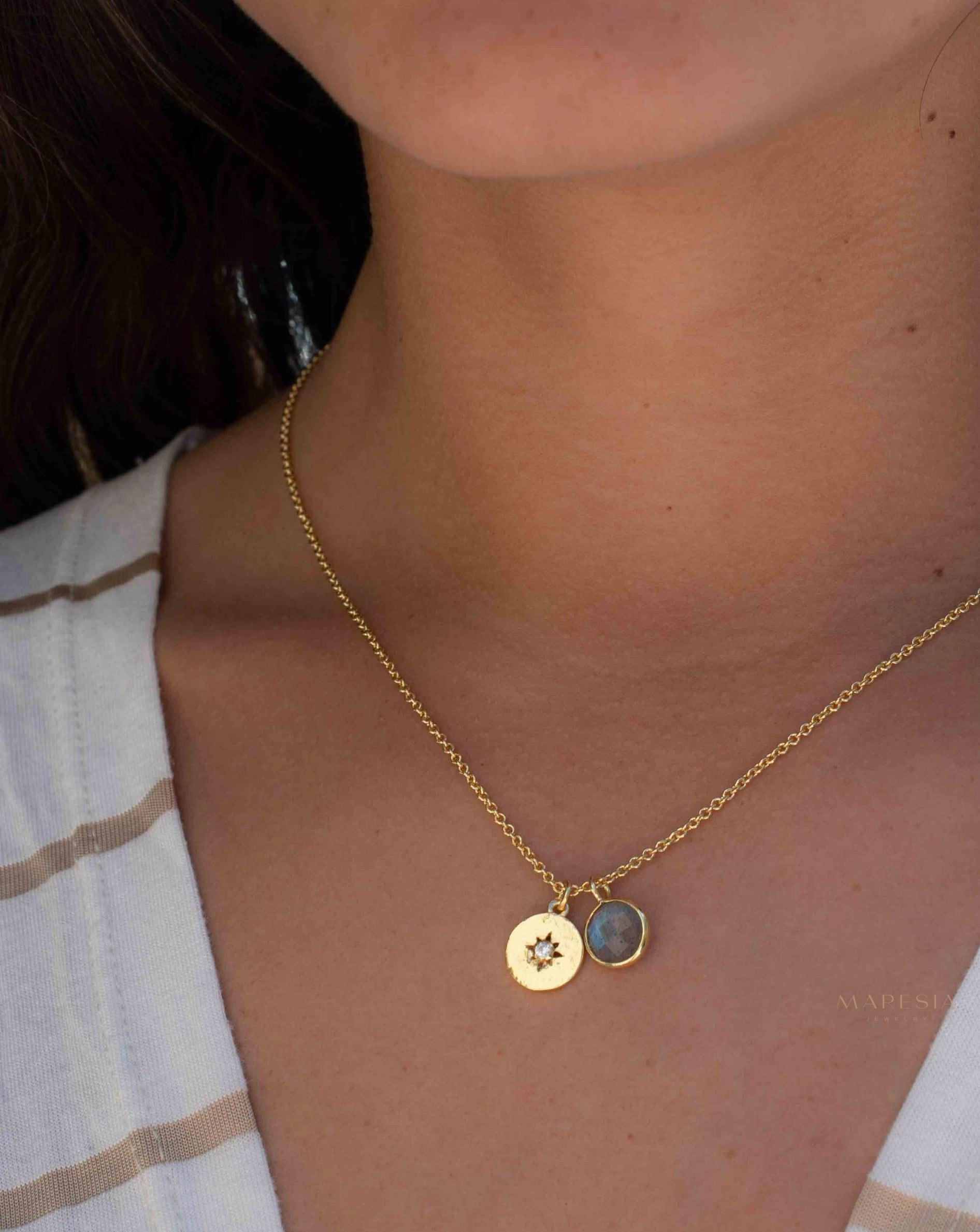 Iolite hydro, Aqua Chalcedony or Labradorite & CZ Necklace ~ Gold Plated 18k ~ MN125