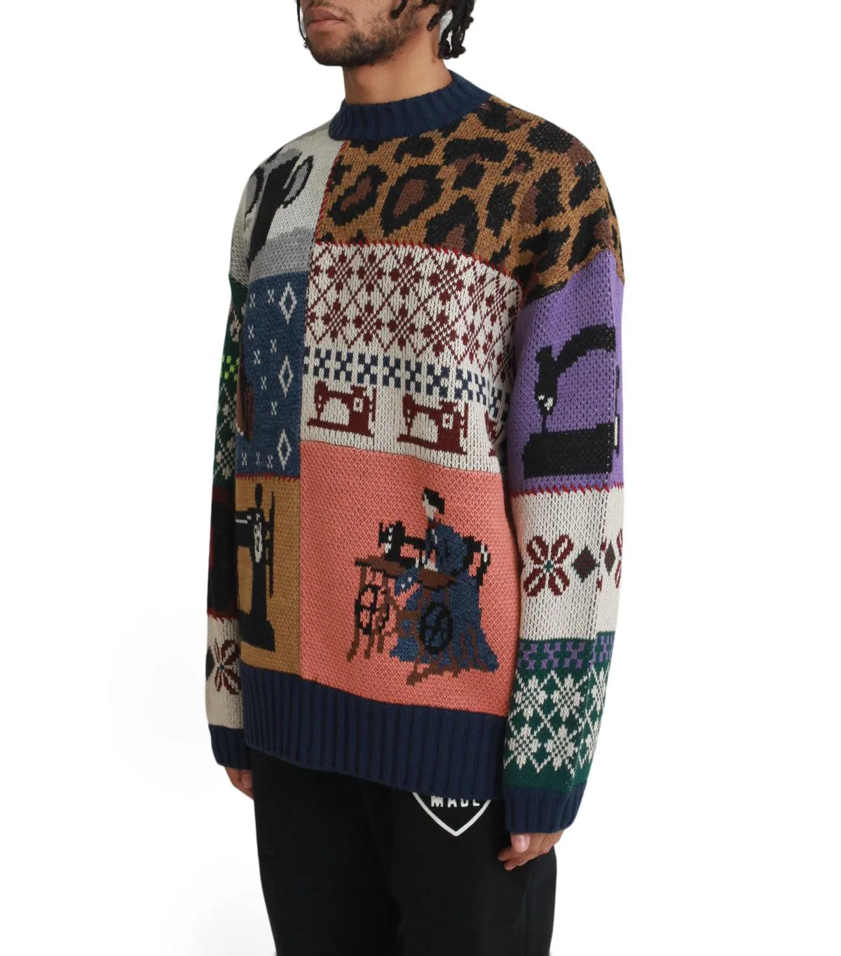 Kapital 5G Wool Kurogane Mishin Patchwork Crew Sweater Navy