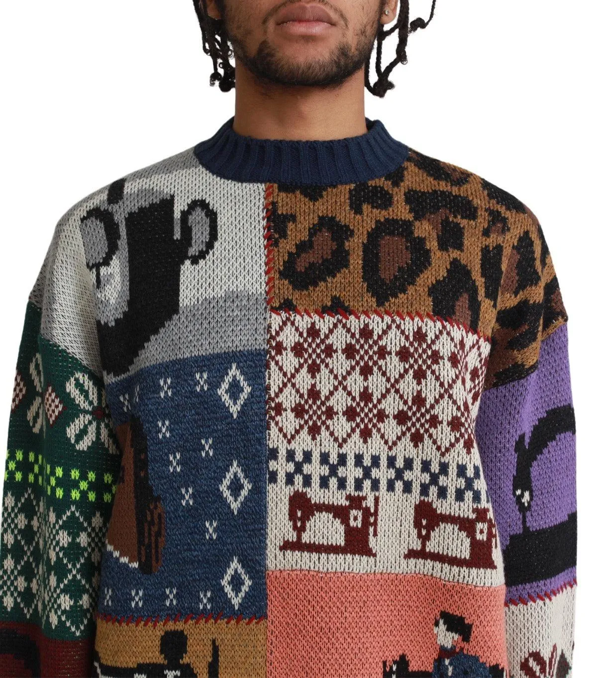 Kapital 5G Wool Kurogane Mishin Patchwork Crew Sweater Navy