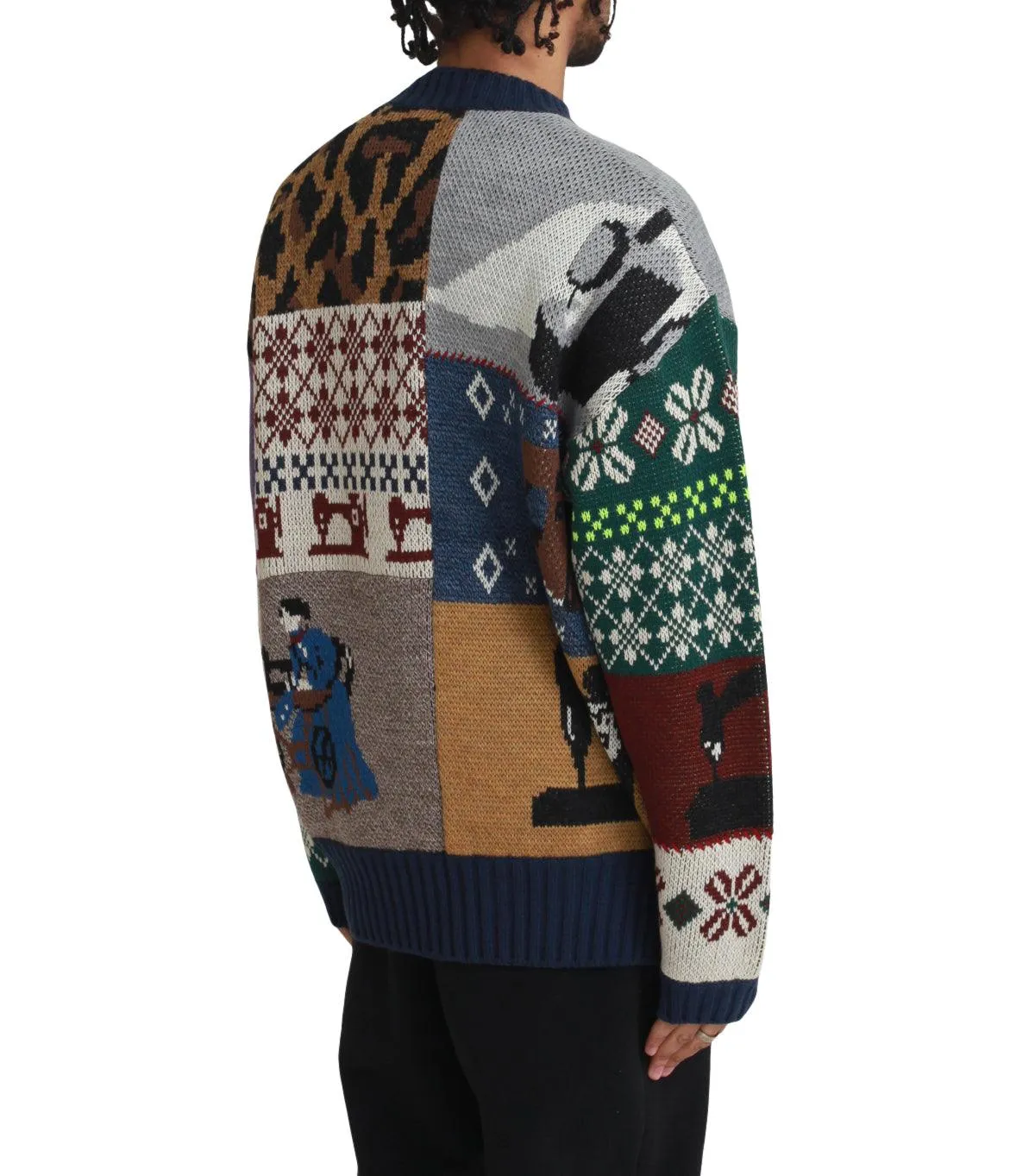 Kapital 5G Wool Kurogane Mishin Patchwork Crew Sweater Navy
