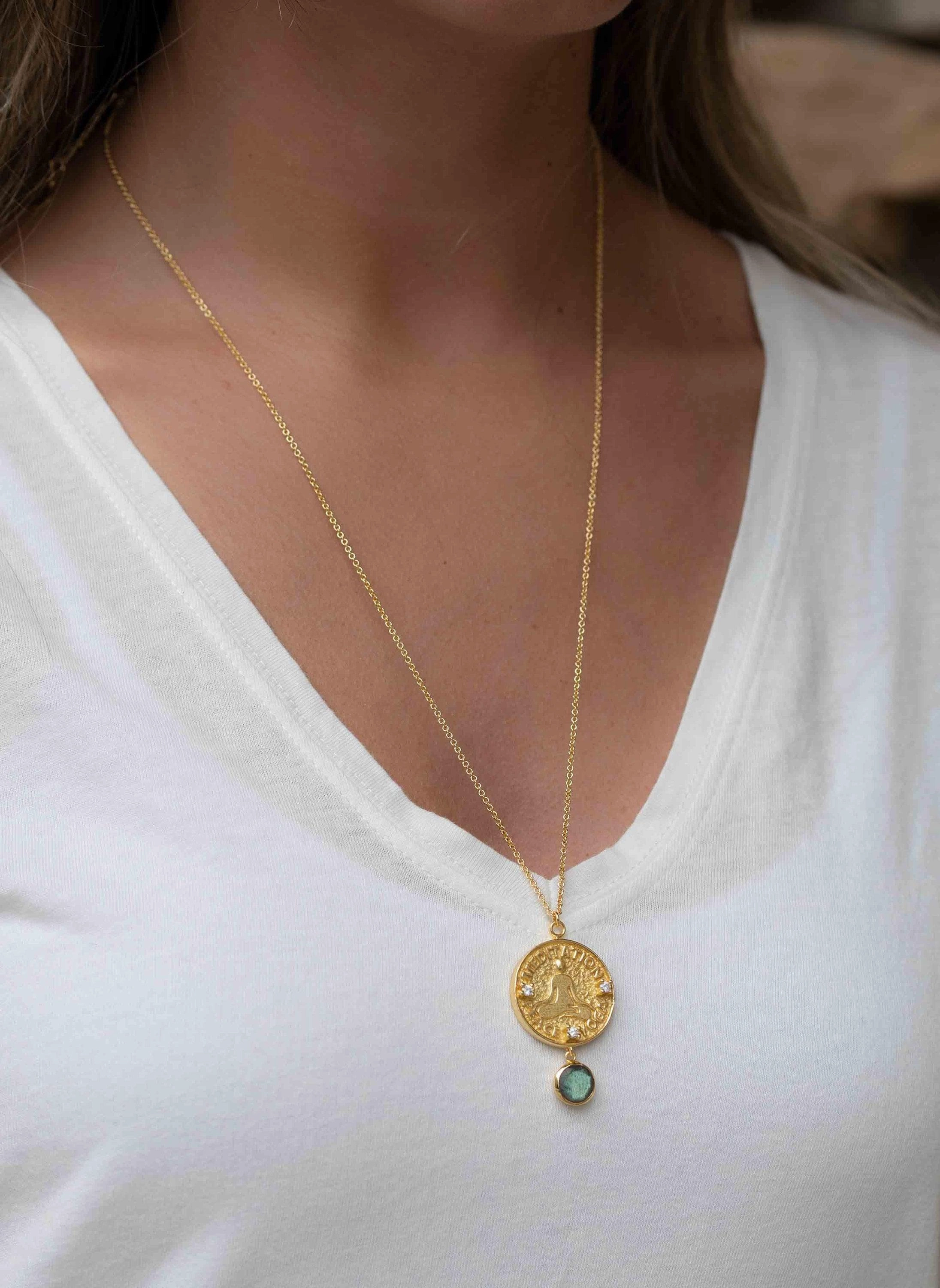 Labradorite, Moonstone or Aqua Chalcedony ~ Meditation Peace Yoga Necklace ~ Cubic zirconia ~ MN117