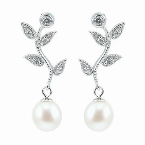 Lido Pearls White Freshwater Pearl and Cubic Zirconia Leaf Drop Earrings C22EW