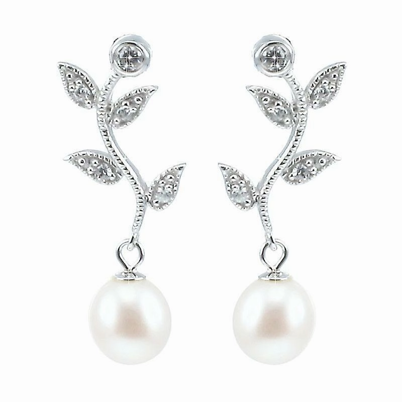 Lido Pearls White Freshwater Pearl and Cubic Zirconia Leaf Drop Earrings C22EW