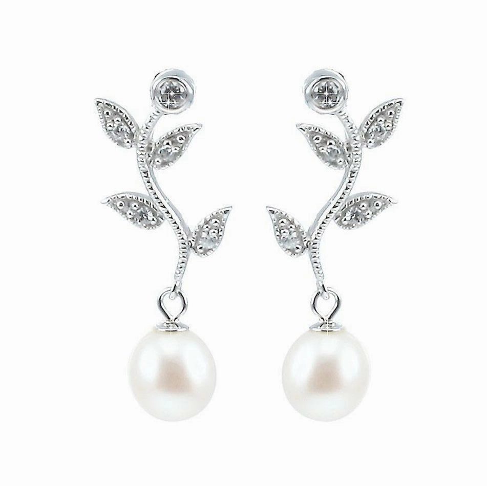 Lido Pearls White Freshwater Pearl and Cubic Zirconia Leaf Drop Earrings C22EW