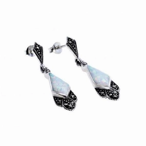London Vintage Sterling Silver Marcasite and Opal Drop Earrings