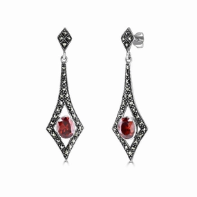 London Vintage Sterling Silver Marcasite and Red CZ Drop Earrings