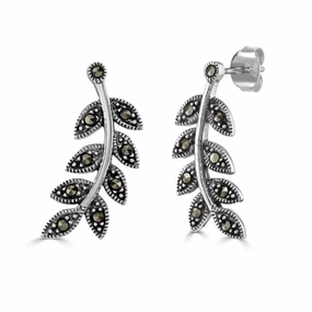 London Vintage Sterling Silver Marcasite Leaf Shaped Stud Earrings