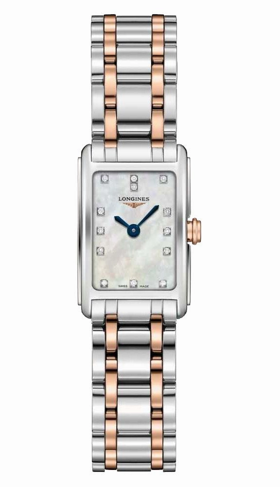 Longines DolceVita Stainless Steel & Rose Gold Mother-Of-Pearl Dial Diamonds Rectangle Quartz Womens Watch L5.258.5.87.7