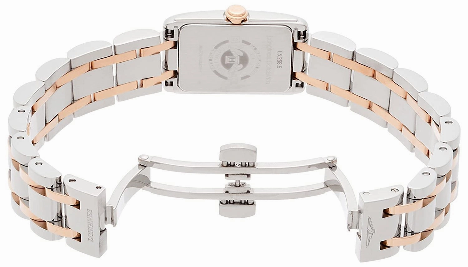 Longines DolceVita Stainless Steel & Rose Gold Mother-Of-Pearl Dial Diamonds Rectangle Quartz Womens Watch L5.258.5.87.7