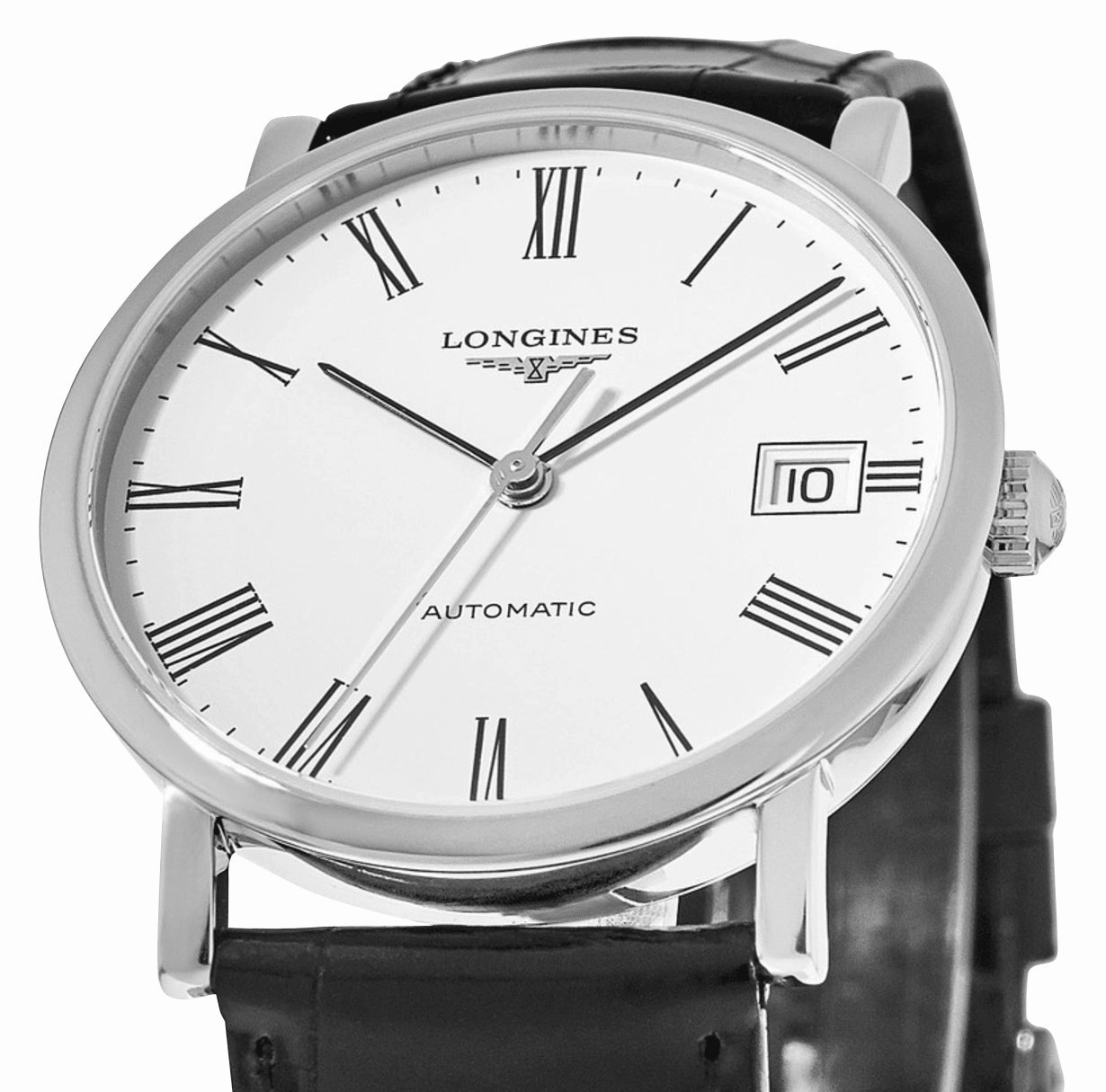 Longines Elegant Automatic Stainless Steel White Dial Black Leather Strap Date Womens Watch L4.809.4.11.2