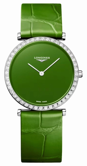 Longines La Grande Classique Monochrome Stainless Steel Green Dial Green Leather Strap Diamonds Quartz Womens Watch L4.523.0.60.2