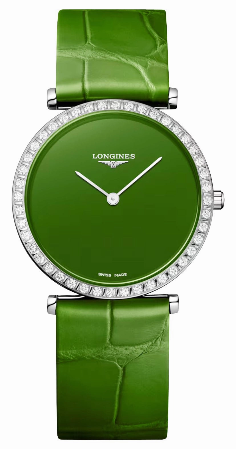 Longines La Grande Classique Monochrome Stainless Steel Green Dial Green Leather Strap Diamonds Quartz Womens Watch L4.523.0.60.2