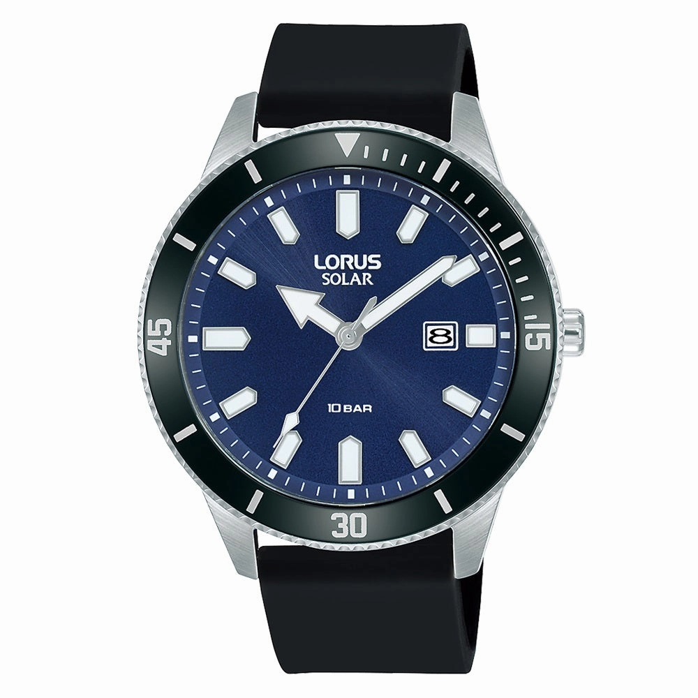 Lorus Blue Dial Black Silicone Strap Solar Mens Watch RX319AX9