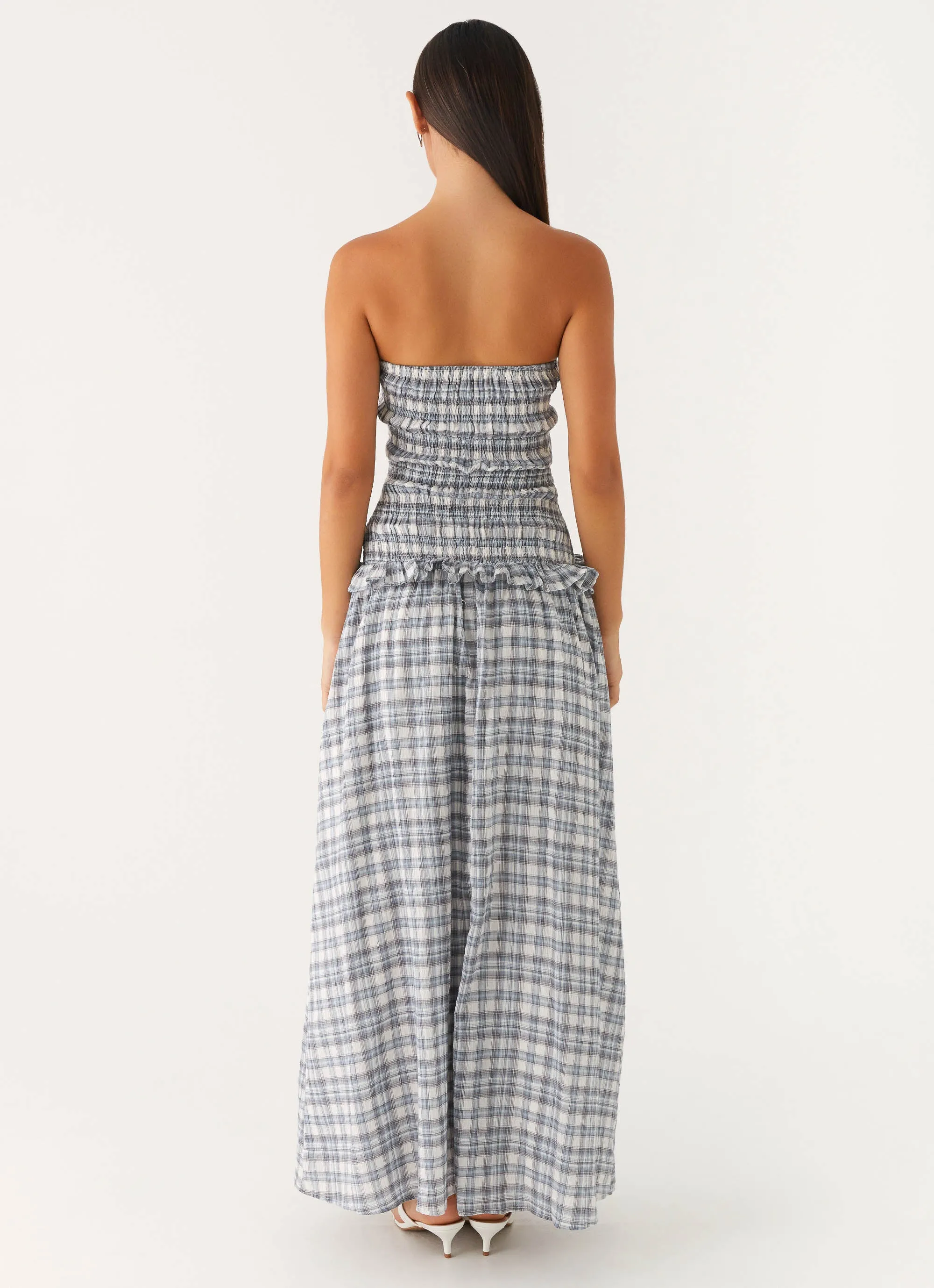 Malia Shirred Maxi Dress - Blue Grey Check