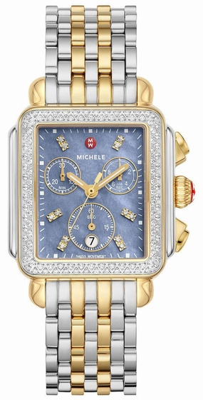 Michele Deco Chronograph Blue Mother-of-Pearl Dial Date Two-Tone Stainless Steel & Diamonds Womens Watch MWW06A000809