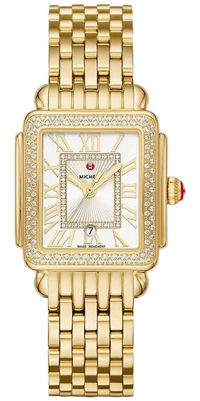 Michele Deco Madison Mid 18K Gold-Plated Steel Diamonds Silver Dial Date Rectangle Womens Watch MWW06G000003