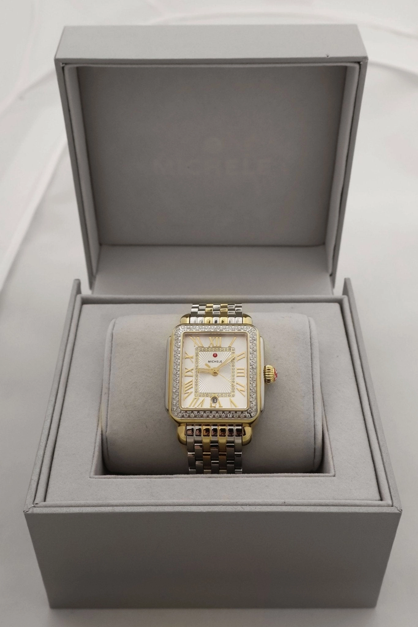 Michele Deco Madison Two-Tone Steel Diamonds Silver Dial Date Rectangle Womens Watch MWW06T000144