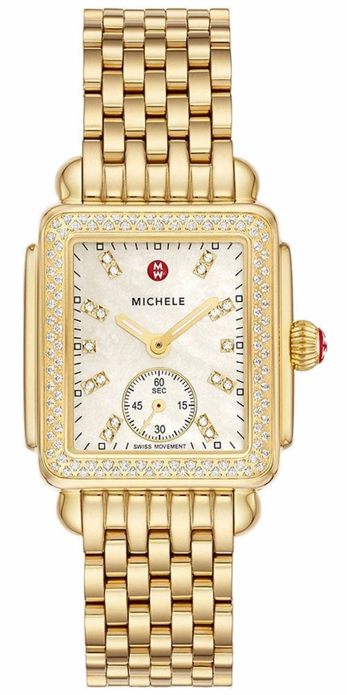 Michele Deco Mid Gold-Plated Steel Diamond Mother of Pearl Dial Rectangle Womens Watch MWW06V000124