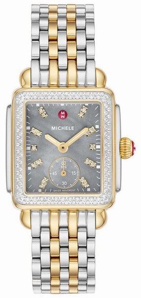 Michele Deco Mid Two-Tone Steel Diamonds Gray Mother-of-Pearl Dial Rectangle Womens Watch MWW06V000132
